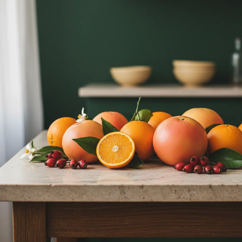 Verse sinaasappels, grapefruit en citroenen op een lichte stenen tafel
