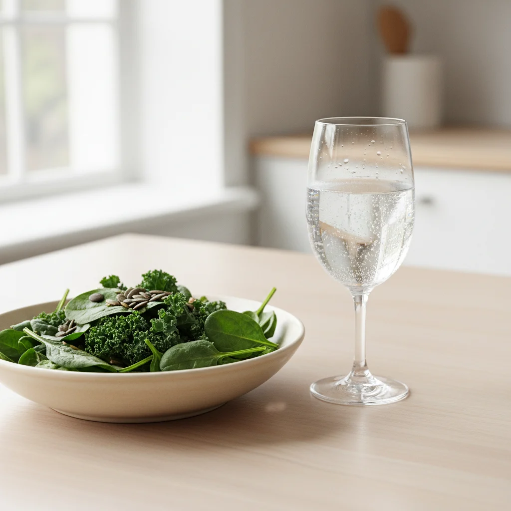 Groene bladgroenten, zaden en een glas mineraalwater op een tafel