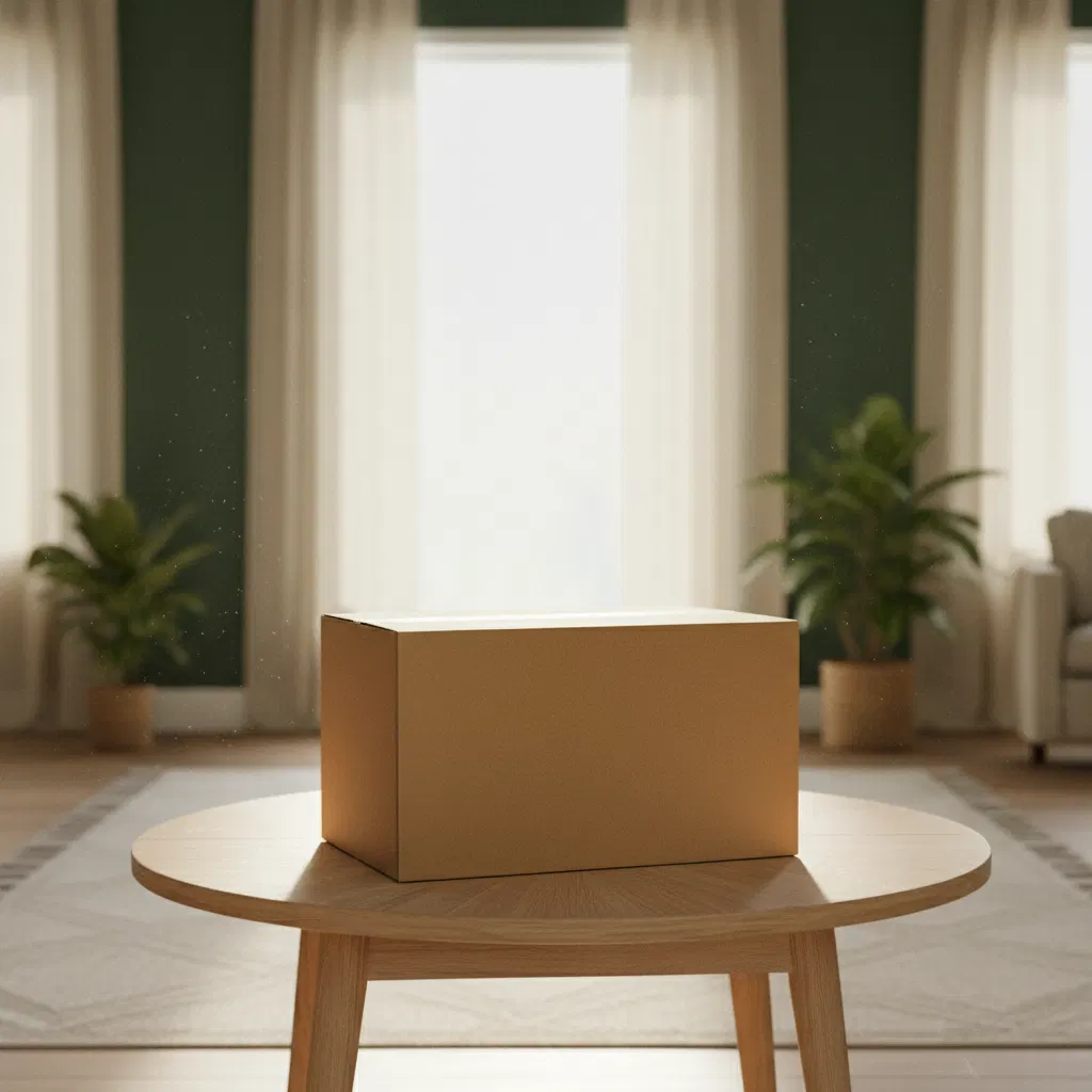 Nette kraft pakketdoos op een tafel bij een heldere voordeur